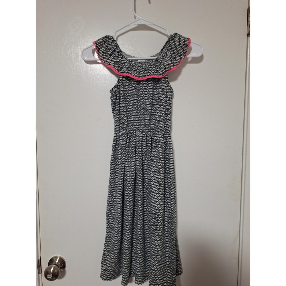 Carter's Girls Dress Size 7 Black White Geometric Ruffle Collar Pom Pom Trim